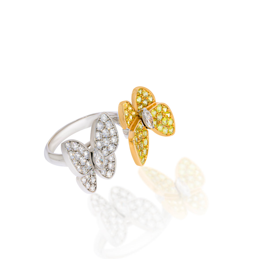 Two butterflies Diamonds Open Ring Two Gold Tone Two Stone color. The perfect and complementary pair Add vibrant and eye-catching variety