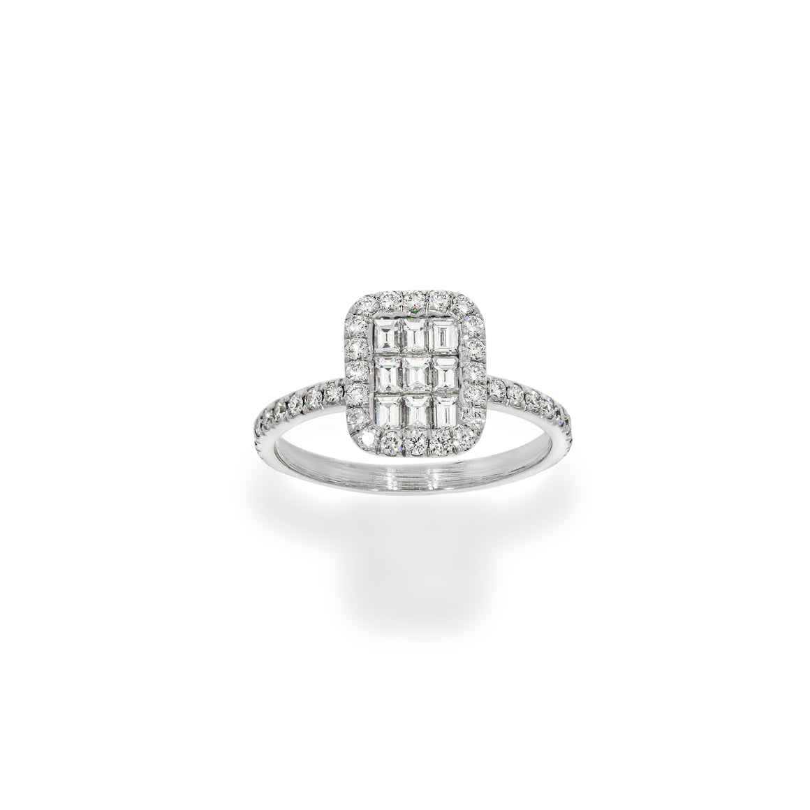 Embrace the allure of timeless beauty with 18k white gold invisible set 0.45ct baguette diamonds and 0.52ct round, elegance on any occasion.