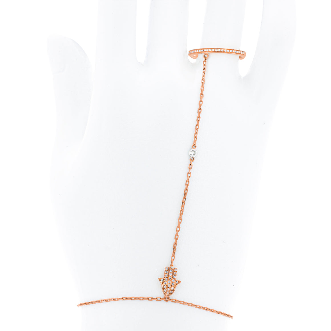 Diamond Ring attached to bracelet | 57 round diamonds in 18K Rose gold very delicate and jewelry | Hamsa slave bracelet - hand chain