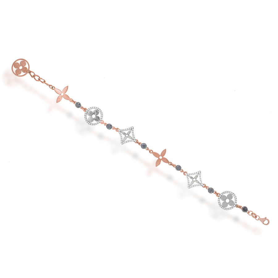 Unique bracelet made with two gold color - Rose gold and white gold | 6 black diamond & 112 rounds diamonds | flower bracelet.
