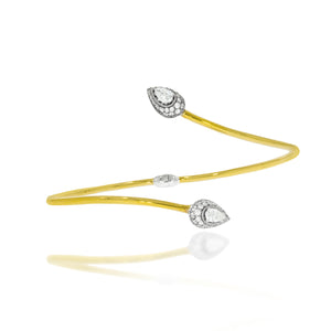Gentle spiral shape Diamond Bangle, 2 beautiful pear shape diamonds at the edges 0.39ct and 42 round diamonds surrounding it all in 18k gold