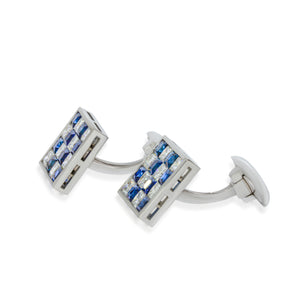 Classic Cufflinks Invisible Set with Slots of diamonds and blue Sapphir on 18k white gold, Square Cut. Elegant Diamonds Cufflinks.