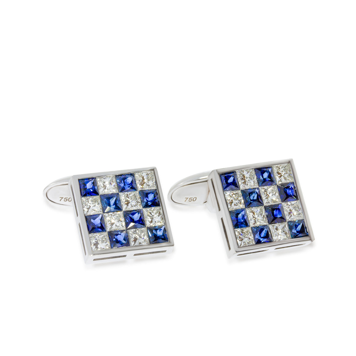 Classic Cufflinks Invisible Set with Slots of diamonds and blue Sapphir on 18k white gold, Square Cut. Elegant Diamonds Cufflinks.