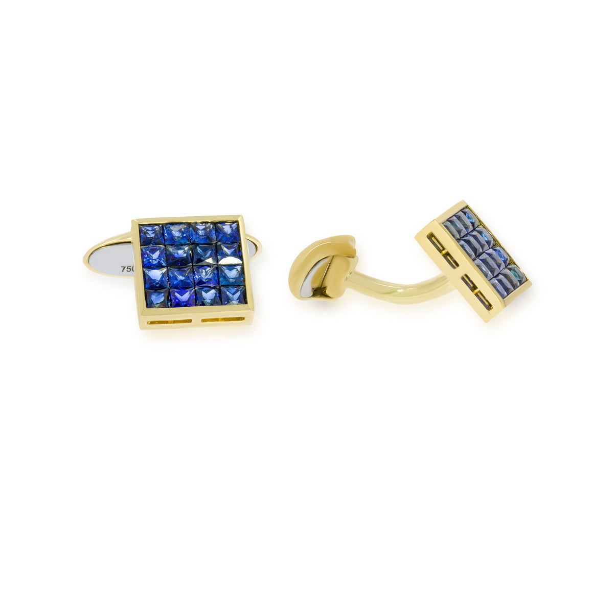 Exceptional Cufflinks blue sapphire Square Cut Invisible Set on 18k yellow gold. Elegant Cufflinks, Perfaect gift for groom.