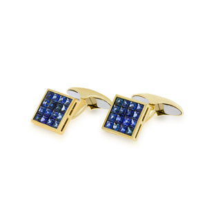 Exceptional Cufflinks blue sapphire Square Cut Invisible Set on 18k yellow gold. Elegant Cufflinks, Perfaect gift for groom.