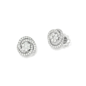 Halo Stud Earrings flower Shape with spiral diamonds around it.0.96 ct, 98 round natural sparkling diamonds, very Unique design, wedding set