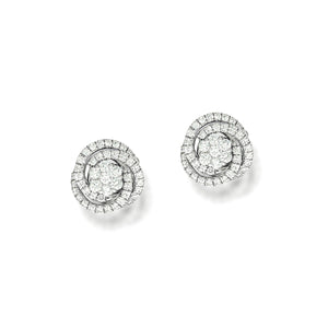 Halo Stud Earrings flower Shape with spiral diamonds around it.0.96 ct, 98 round natural sparkling diamonds, very Unique design, wedding set