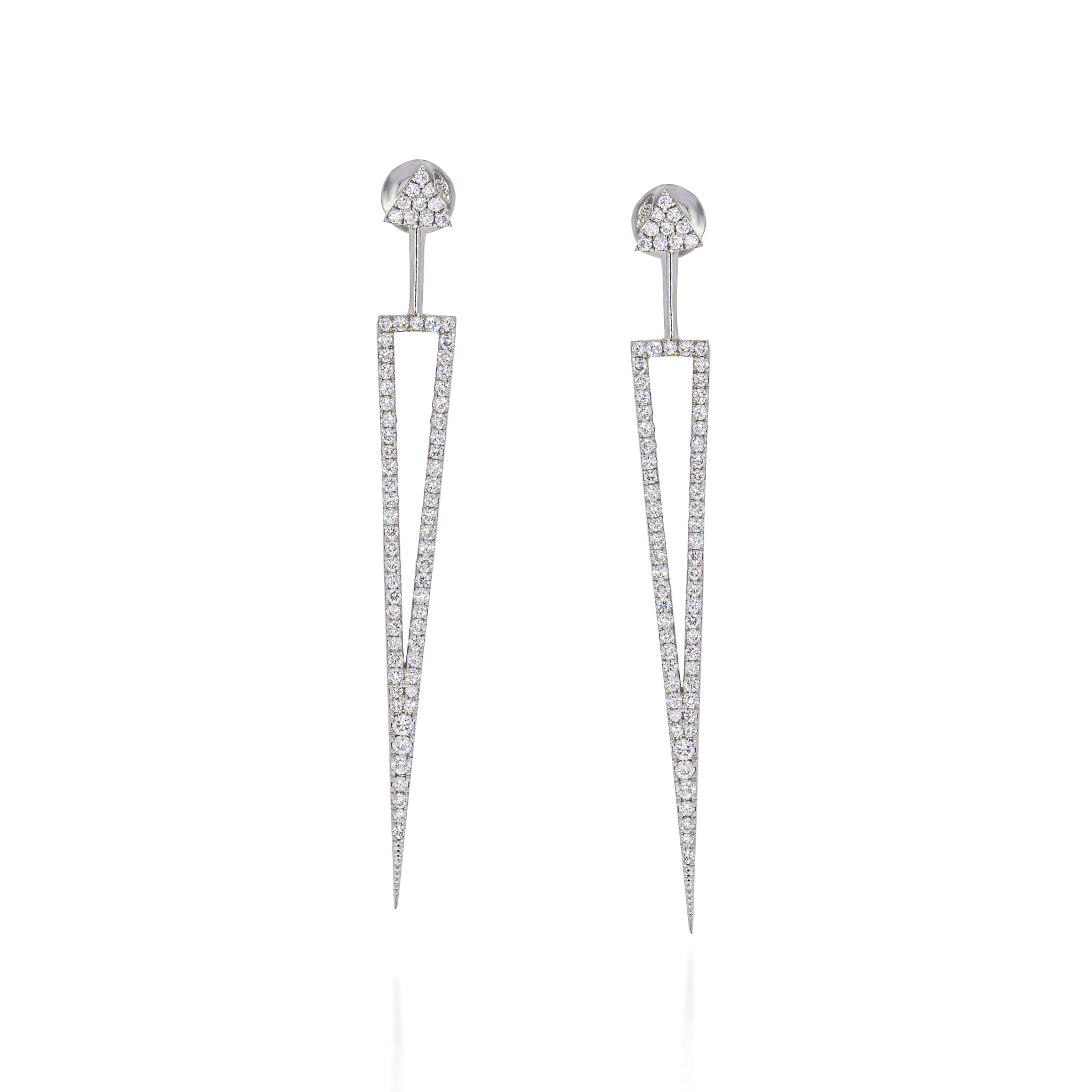 Amazing 18k white gold drop long triangular earrings, pave diamonds se -  Olivacom