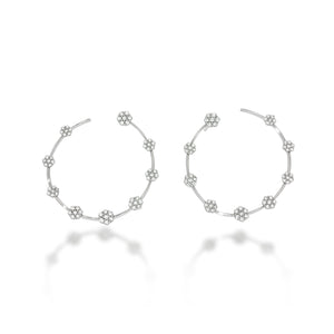 Diamonds flowers hoop earrings | decorated by 18 beautiful flowers set with 1.22ct round diamonds in 18K white gold | weddings earrings.