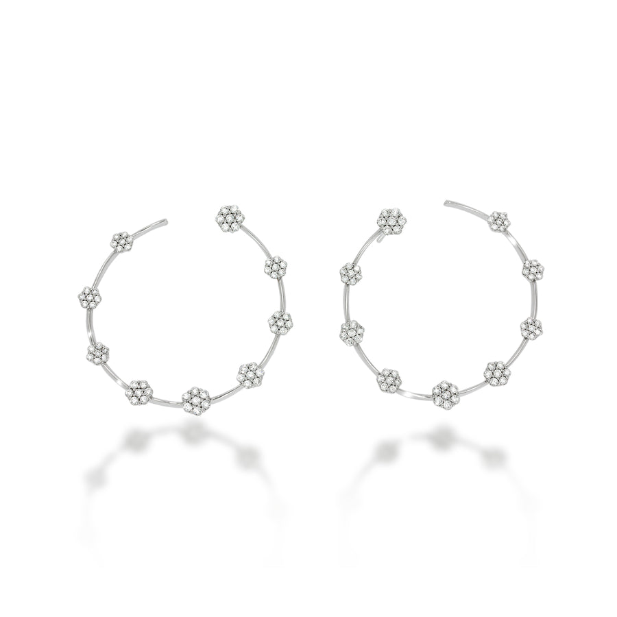 Diamonds flowers hoop earrings | decorated by 18 beautiful flowers set with 1.22ct round diamonds in 18K white gold | weddings earrings.
