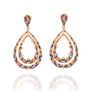 Double Pear Shaped Diamond Dangle Earrings in 18K Rose Gold set with multitude of shades: Champagne, Black, and white rounds Diamonds.
