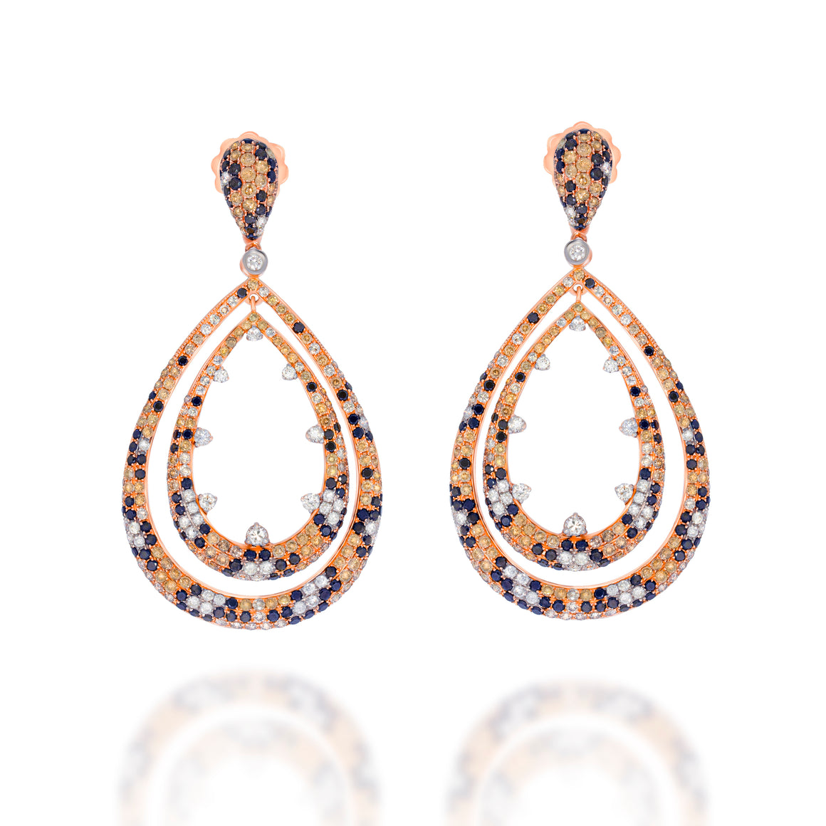 Double Pear Shaped Diamond Dangle Earrings in 18K Rose Gold set with multitude of shades: Champagne, Black, and white rounds Diamonds.