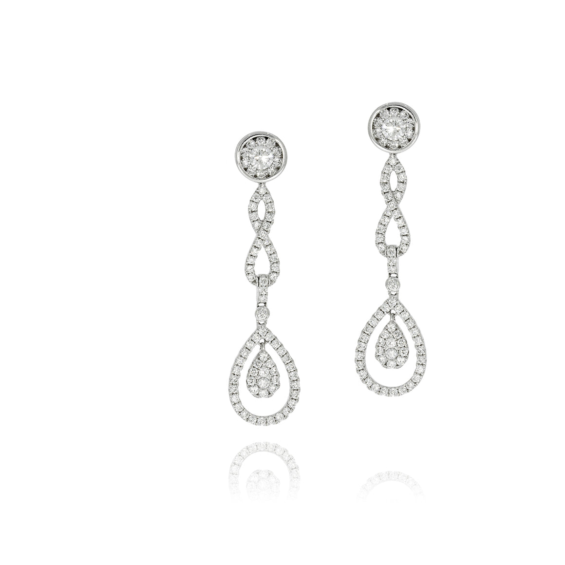Drop Earrings set with total of 1.83 Round diamonds White gold, Flower shape.