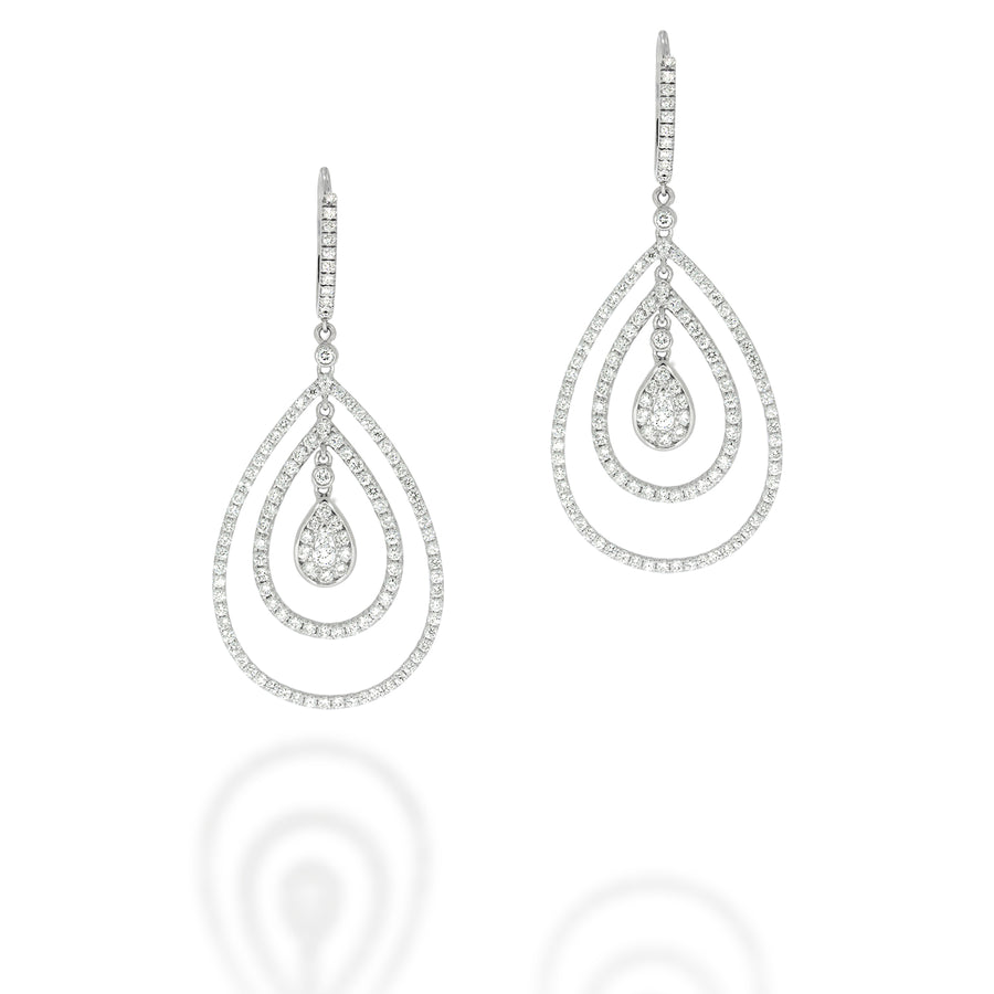 Long dangle diamonds earrings, wedding set, 3 tear drop shape, inside each other, set with 232 round diamonds in 18k white gold.