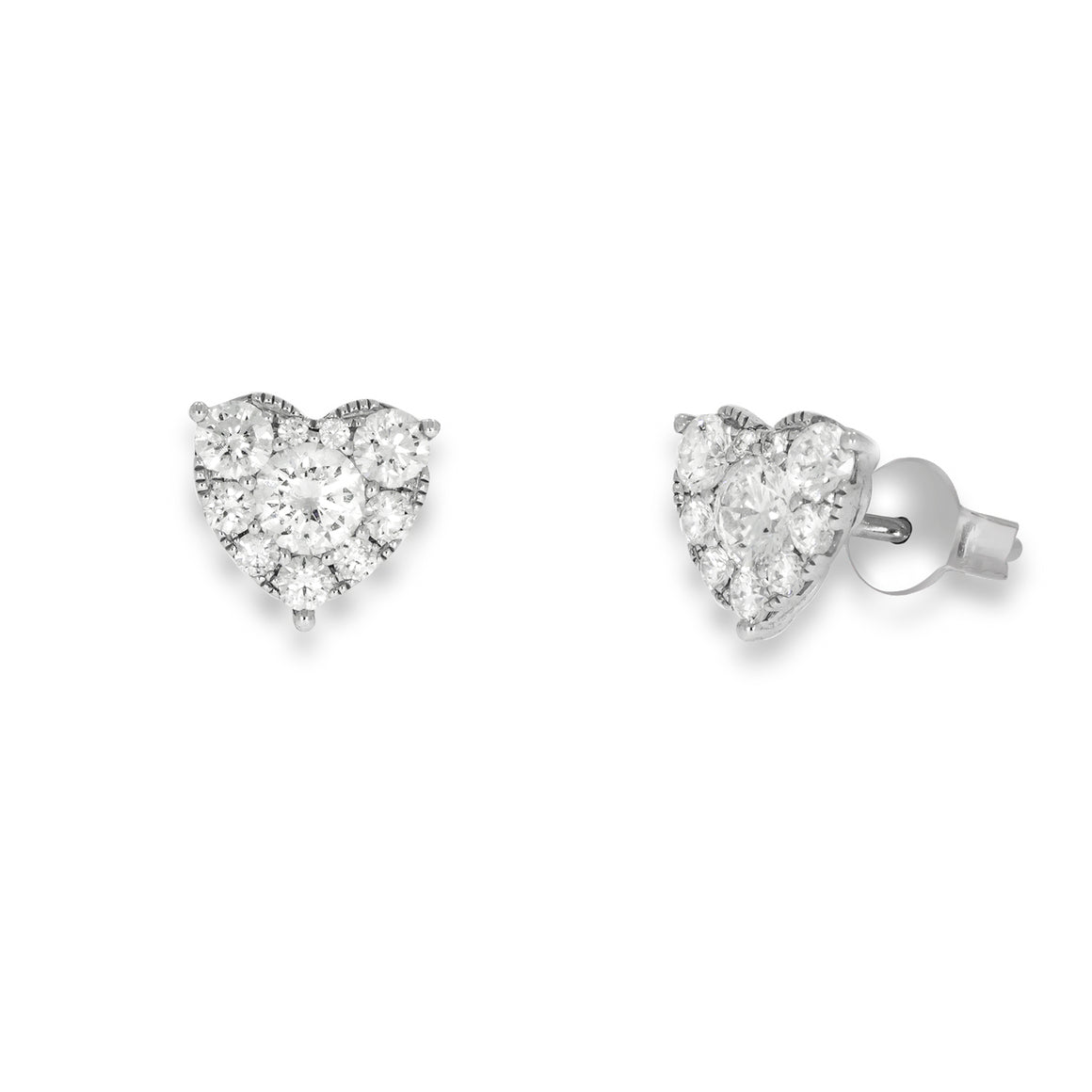 Gentle pave diamond, heart earrings . stud earrings . round Sparkling diamonds in 18K white gold. wedding erring's, prom earrings.