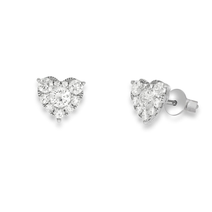 Gentle pave diamond, heart earrings . stud earrings . round Sparkling diamonds in 18K white gold. wedding erring's, prom earrings.