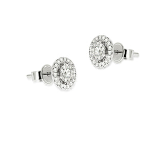 Tiny gentle pave diamond earrings, Diamond Halo Engagement earrings | stud earrings 0.41 ct. round diamonds in 18K gold.