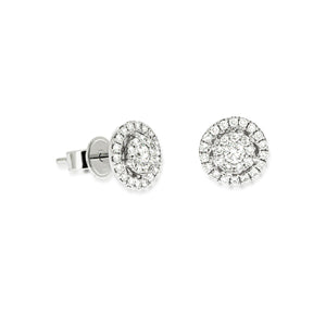 Tiny gentle pave diamond earrings, Diamond Halo Engagement earrings | stud earrings 0.41 ct. round diamonds in 18K gold.