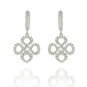 Diamond clover dangle earrings, beautiful drop pave gentle earrings, 18k white gold set with 0.86 ct sparkling round diaomnds.