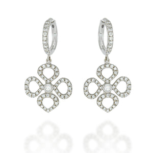 Diamond clover dangle earrings, beautiful drop pave gentle earrings, 18k white gold set with 0.86 ct sparkling round diaomnds.