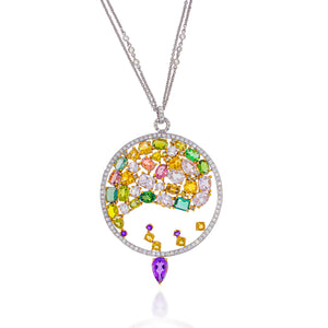 Circle pendant, with halo diamond, containing tourmaline stones of different colors and shapes, assembled in a artistic way.