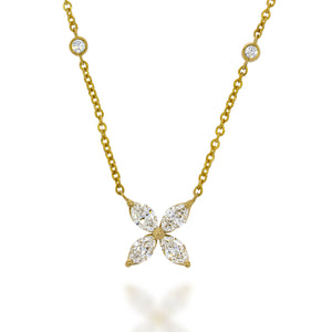 Flower necklace , four petal, marquise Diamond, chain necklace with four round diamonds , floating Diamond , delicate yellow gold chain.