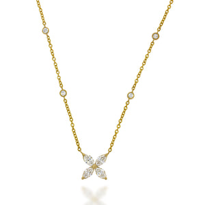 Flower necklace , four petal, marquise Diamond, chain necklace with four round diamonds , floating Diamond , delicate yellow gold chain.
