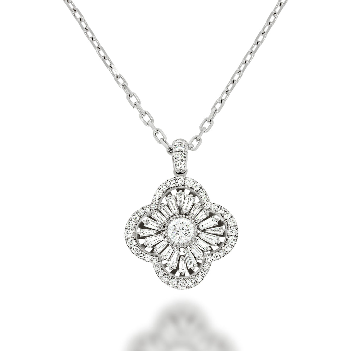 luxurious pendant Victorian Style. Clover shape pendant with a central big diamond and 64  luxurious and special diamonds. prefect  gift.