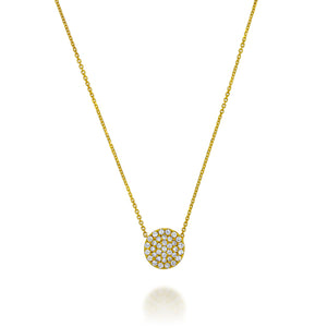 18k yellow gold  disc round pendant pave with shiny diamonds on delicate yellow gold chain. the back of pendant is beautiful design