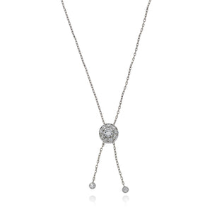 Halo disc round pendant, one round natural diamond 0.63ct surrounded by 9 rounds diamonds , 18K white gold chain with 2 pendulums set with 2 dimonds.