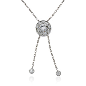 Halo disc round pendant, one round natural diamond 0.63ct surrounded by 9 rounds diamonds , 18K white gold chain with 2 pendulums set with 2 dimonds.