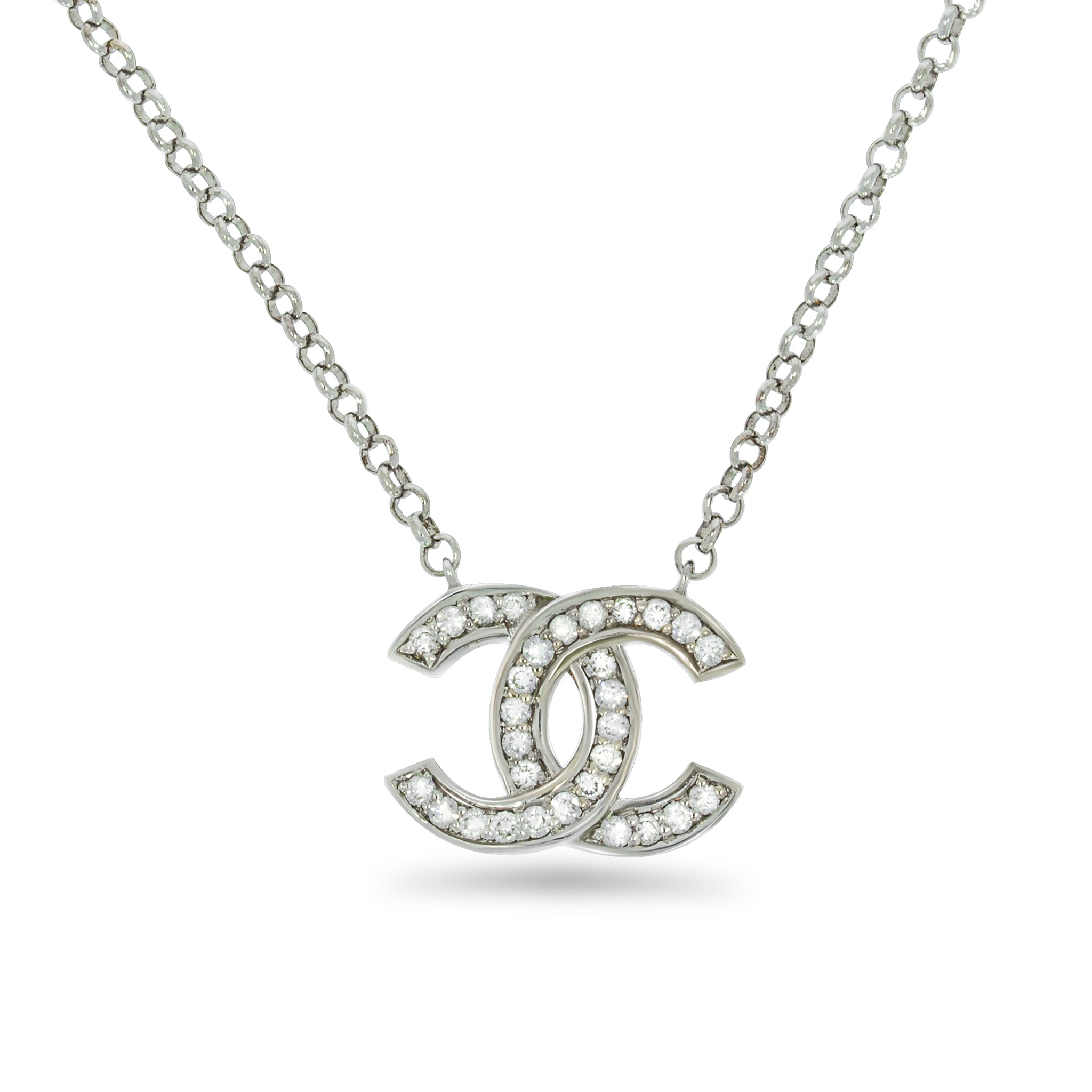 diamonds Pendant Necklace, CC Pendant, 18K white gold set with 0.27ct round  sparkling diamonds.