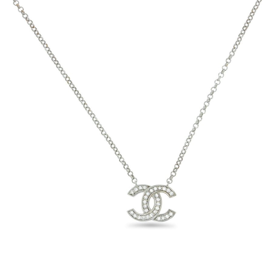 diamonds Pendant Necklace, CC Pendant, 18K white gold set with 0.27ct round sparkling diamonds.