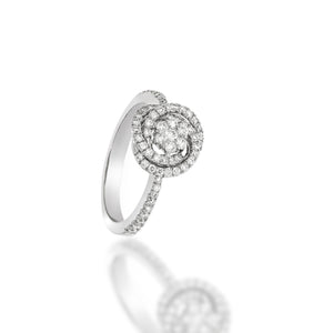 Halo flower Shape ring with spiral diamonds around it 0.65ct, 67 round natural sparkling diamonds, very Unique design, Engagement set
