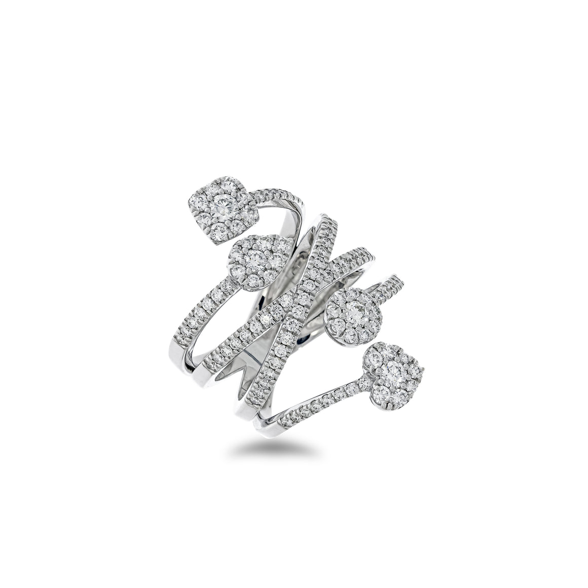 Elegant Ring, curve around a finger. Criss cross layers Pave white gold. Crossover Layers edges: round, square, pear shap and hart shapes.