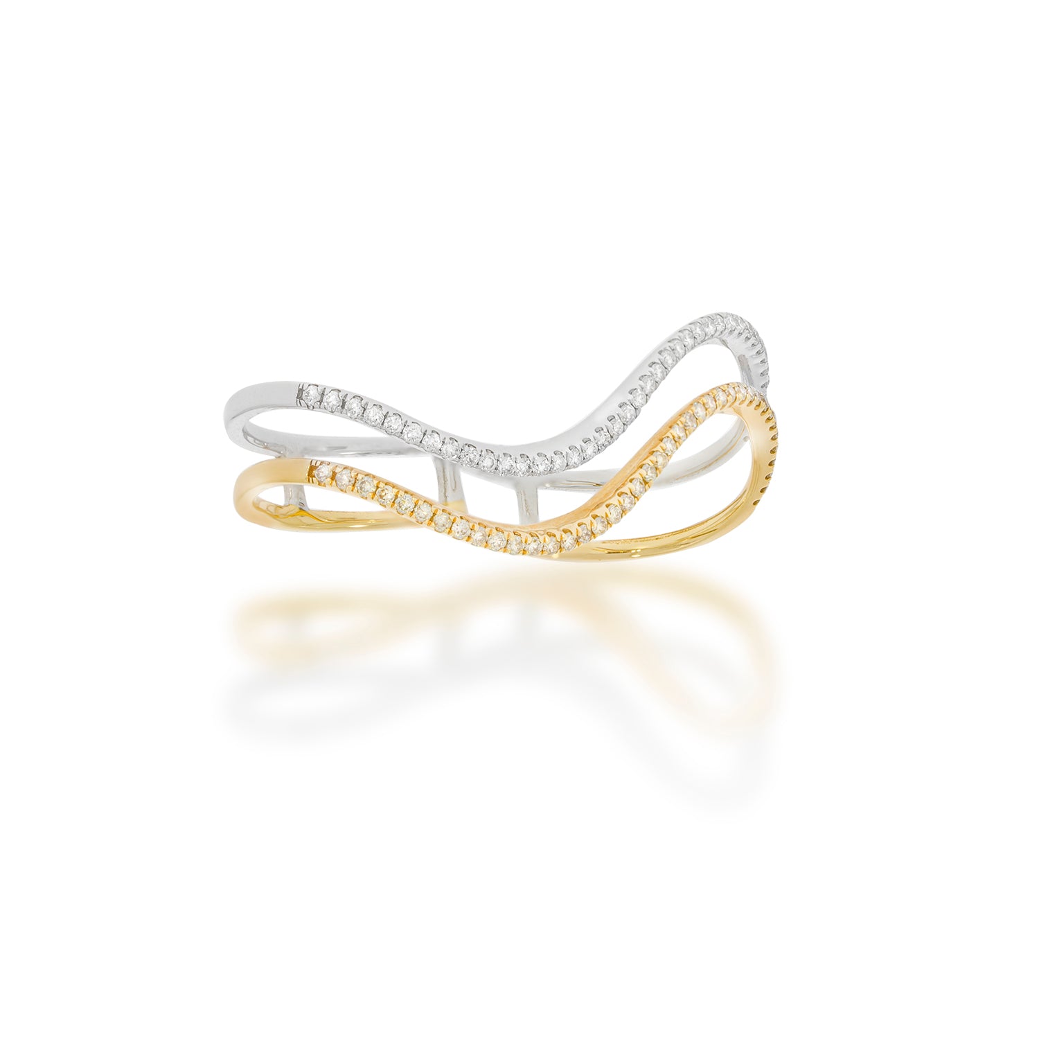 Two Finger Diamonds Ring Double Finger Diamond Ring 2 tone ring: 18K white  gold and 18K yellow gold, tow wave set with 0.61 carats diamonds