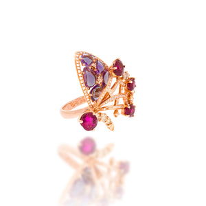 Unique design, colorful Ring! 18K rose gold set with mix beautiful gemstone and fancy diamonds.  An impressive and unique gift.