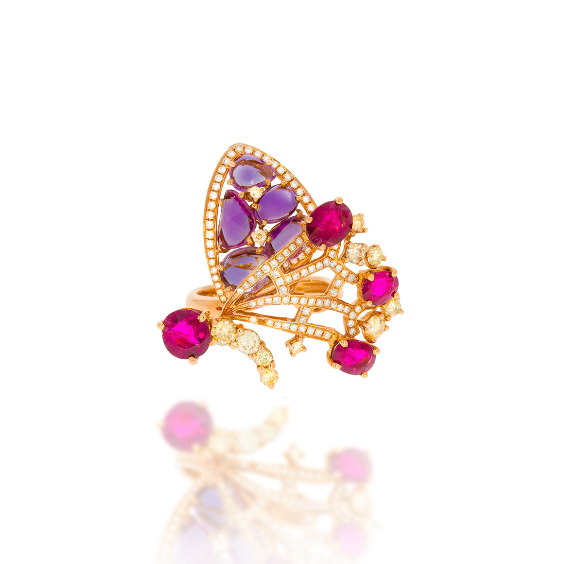 Unique design, colorful Ring! 18K rose gold set with mix beautiful gemstone and fancy diamonds.  An impressive and unique gift.