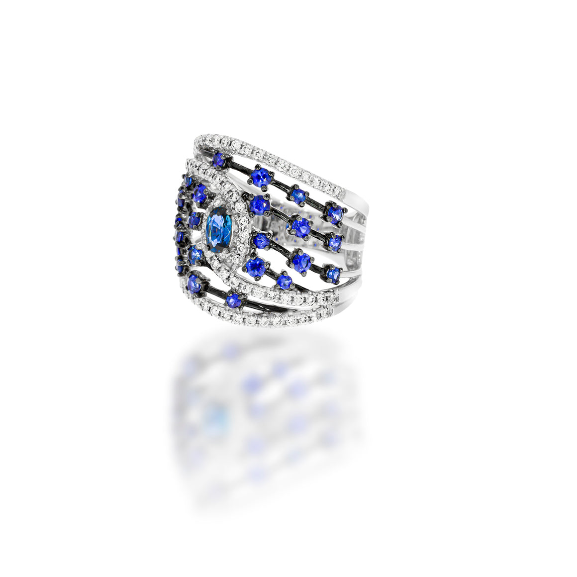 Stunning engagement ring, in a unique design, 25 blue sapphire and 68 white round natural diamonds in 18K white gold.