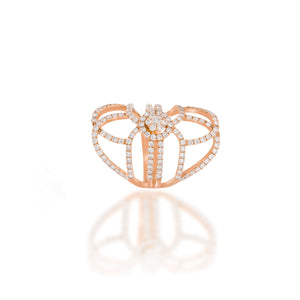 Diamond filigree ring, flower shape diamonds pave at the center. A unique engagement ring. 18K rose gold set with 145 round diamonds.
