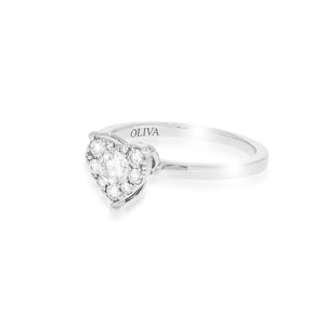 Engagement ring, Pave Diamond Heart shape ring, 1 round brilliant diamonds and 7 more round diamond set in a heart 18K white gold.