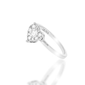 Engagement ring, Pave Diamond Heart shape ring, 1 round brilliant diamonds and 7 more round diamond set in a heart 18K white gold.