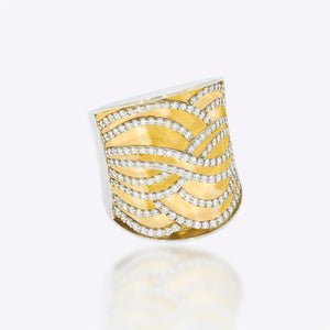 Thick 2 tone ring, 18K white gold and 18k yellow gold, set with 166 sparkling diamonds. Unique wedding ring.