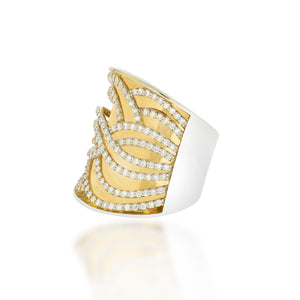 Thick 2 tone ring, 18K white gold and 18k yellow gold, set with 166 sparkling diamonds. Unique wedding ring.