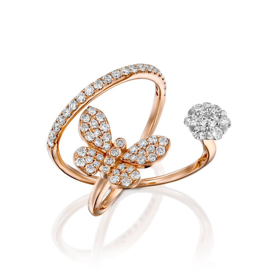 R3856-18k gold Butterfly diamond double ring 0.97 Carat