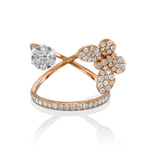 R3856-18k gold Butterfly diamond double ring 0.97 Carat